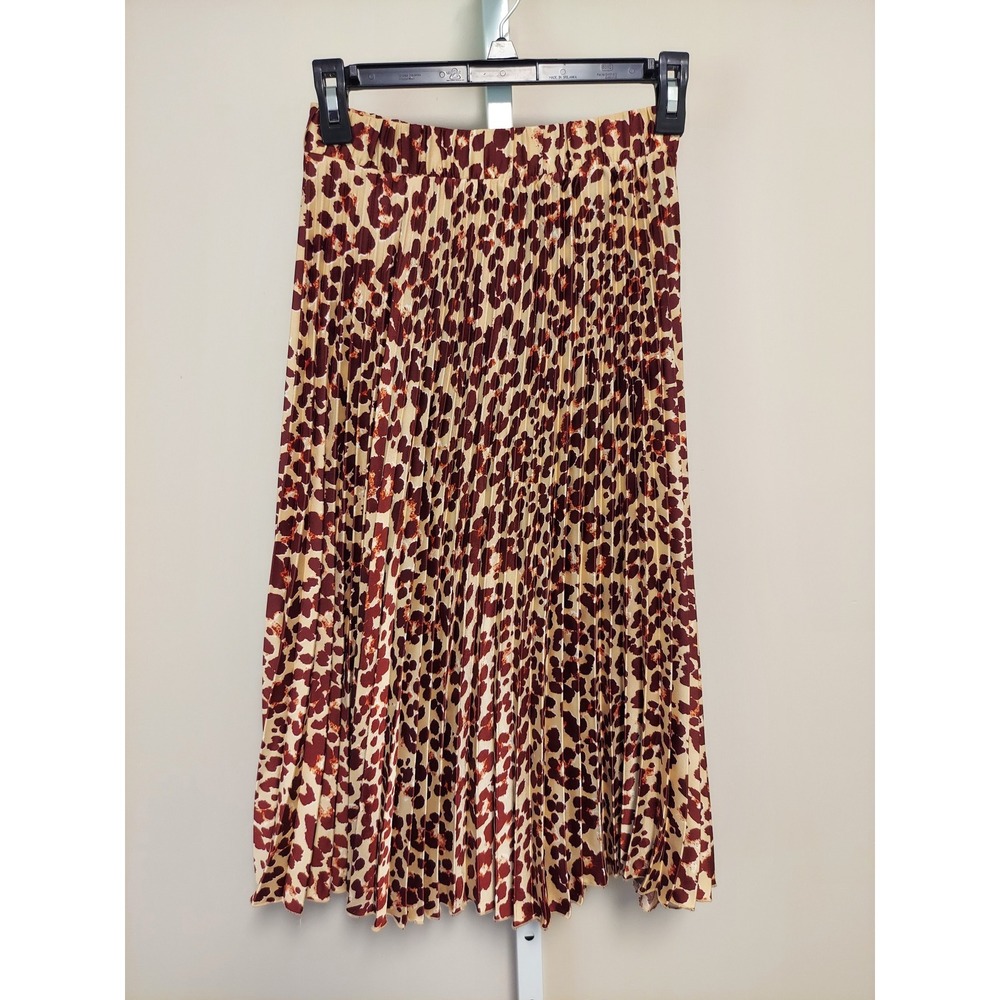 HM Leopard Print Pleated Midi Skirt  Size 2 Elastic Waist Accordion Office Fall